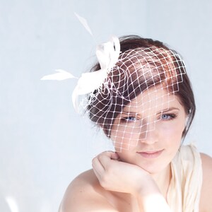 Bridal fascinator with birdcage veil and feathers, wedding millinery headpiece image 2