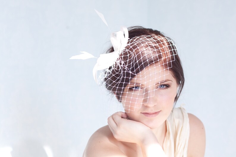 Bridal fascinator with birdcage veil and feathers, wedding millinery headpiece image 2