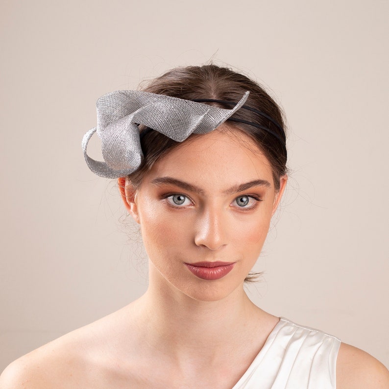 Bridal silver fascinator on double headband, wedding guest headpiece, women fascinator, millinery sculptural fascinator image 3