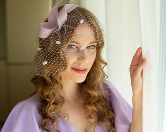 Lilac bridesmaid fascinator with veil, periwinkle wedding guest headpiece, lavender women fascinator