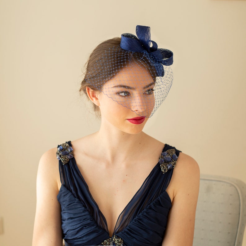 Royal blue fascinator with birdcage veil, blue wedding guest headpiece with veil in various colours image 4