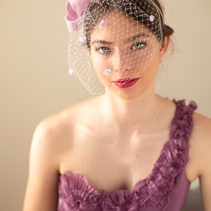 Lilac wedding fascinator with veil on comfortable double headband, wedding guest headpiece, women sculptural fascinator image 6