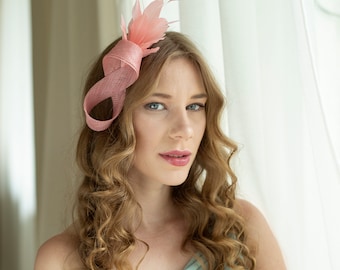 Wedding feather fascinator in dusky pink, millinery feather headpiece in various colours