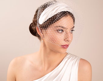 Ruffled Silk Satin Headband with Birdcage, Ivory Silk Wedding Headpiece and Veil, Vintage Style Millinery Headband