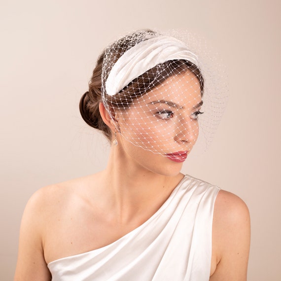Draped Silk Satin Headband With Removable Birdcage Veil  display picture 1