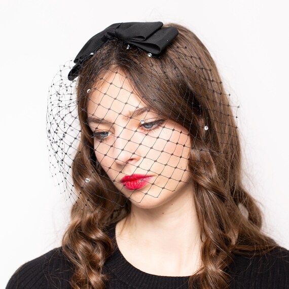 Black Birdcage Veil With Rhinestone Bow - Wedding Party Hair  display picture 3
