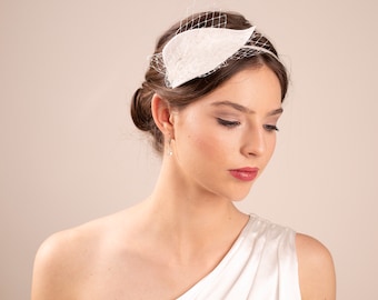 Bridal wavy leaf on headband with netting, wedding felt headpiece, felt fascinator with veiling for a bride