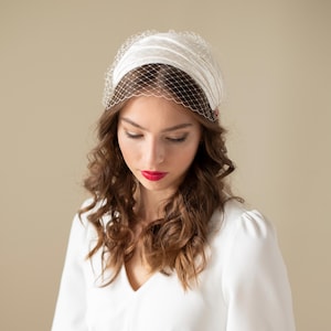Silk Satin Cap Wedding Hat with birdcage veil, Grace Kelly silk Half Hat, Old Hollywood Glam Hat, mid century Half Hat Style Wedding hat