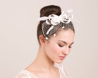 Bridal fascinator with feathers and birdcage veil, millinery wedding birdcage with fascinator, millinery bridal headpiece, ivory, nude, grey