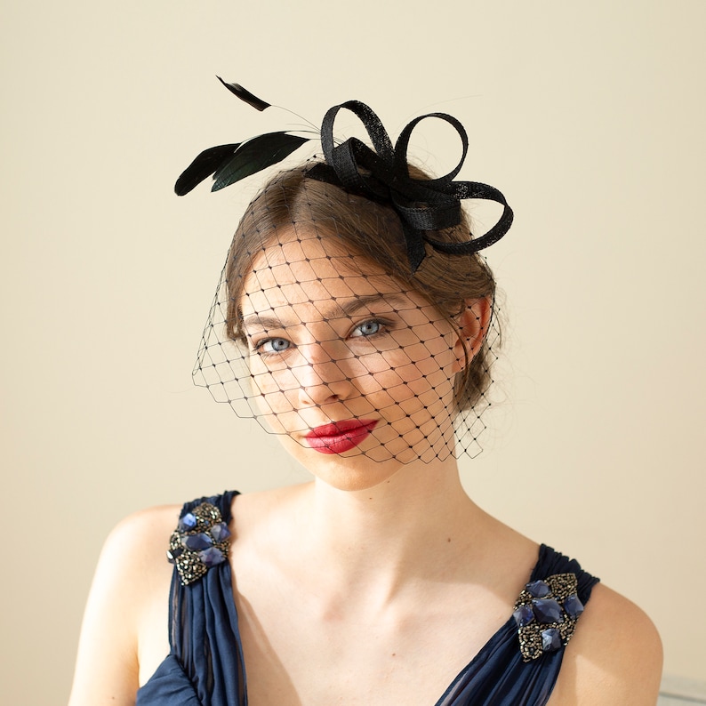 Modern black feather fascinator with birdcage, wedding guest fascinator in black, bridesmaid black headpiece, women feather fascinator image 1