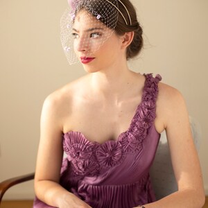 Lilac wedding fascinator with veil on comfortable double headband, wedding guest headpiece, women sculptural fascinator image 5
