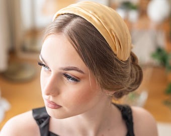 Golden Silk Satin Draped Headpiece: Vintage 1950s Style Half Hat