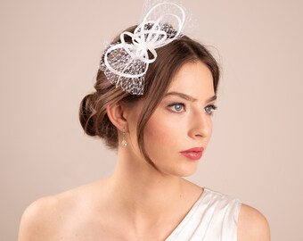 Bridal fascinator with veiling pouf, white wedding netting hairpiece on headband, small fascinator for a bride