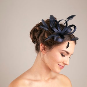 Navy fascinator with feathers, wedding invitee headpiece, millinery bridesmaids accessory, mother-of-bride feather headpiece