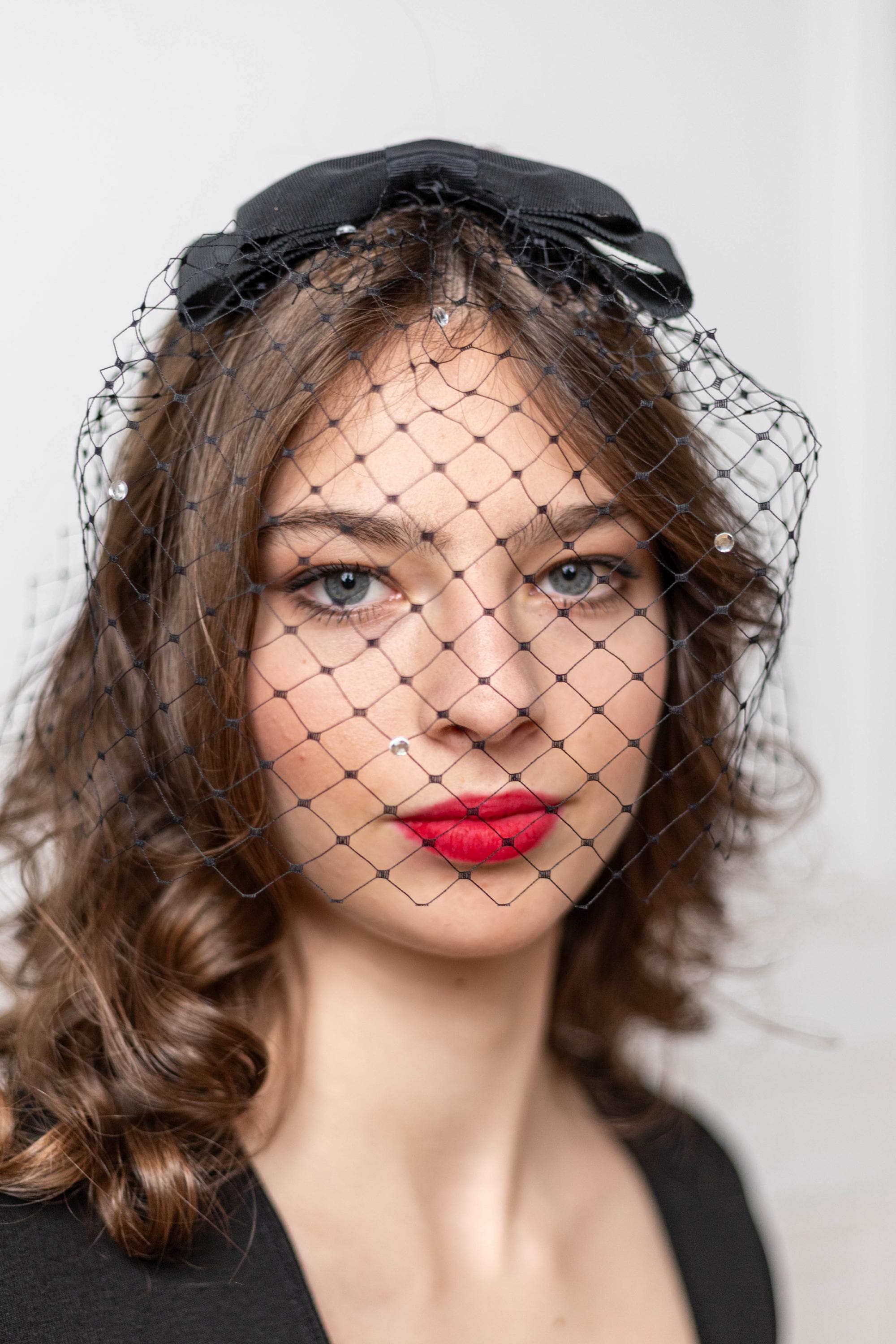 Bellissima Black Rosette Fascinator Headband with Birdcage Veil Black Bow Birdcage Veils Headband Fascinator Cocktail Hats  main image 2