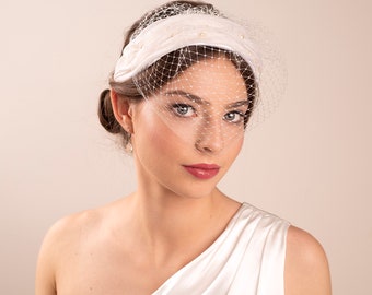 Ruffled Silk and Pearls Bridal Headband with Birdcage, Ivory Silk Wedding Veil Headpiece, Vintage Style Millinery Headband
