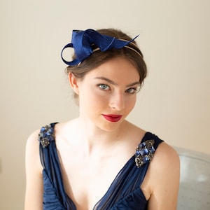 Wedding royal blue fascinator on double headband, wedding guest blue headpiece, women swirl fascinator, millinery sculptural fascinator image 1