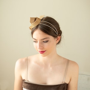 Minimalist gold fascinator, wedding millinery fascinator, minimalist woman fascinator, couture millinery headpiece on double headband image 3