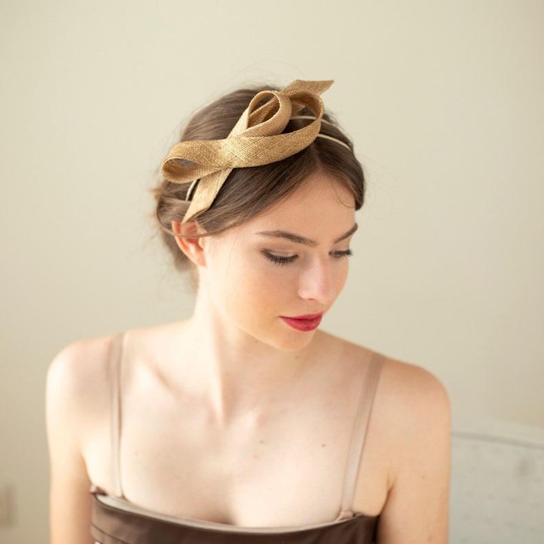 Minimalist gold fascinator, wedding millinery fascinator, minimalist woman fascinator, couture millinery headpiece on double headband image 2