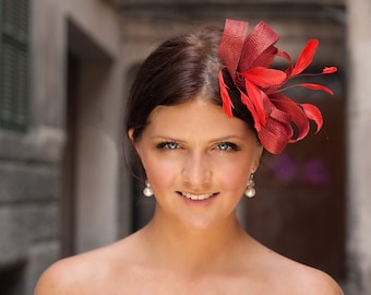 Red fascinator with feathers, bridesmaids statement headpiece, wedding feather hair accessory, red feather headpiece