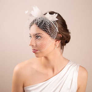 Bridal feather birdcage on a headband, Wedding feather headpiece with veil, bridal feather hairpiece, wedding birdcage veil image 3