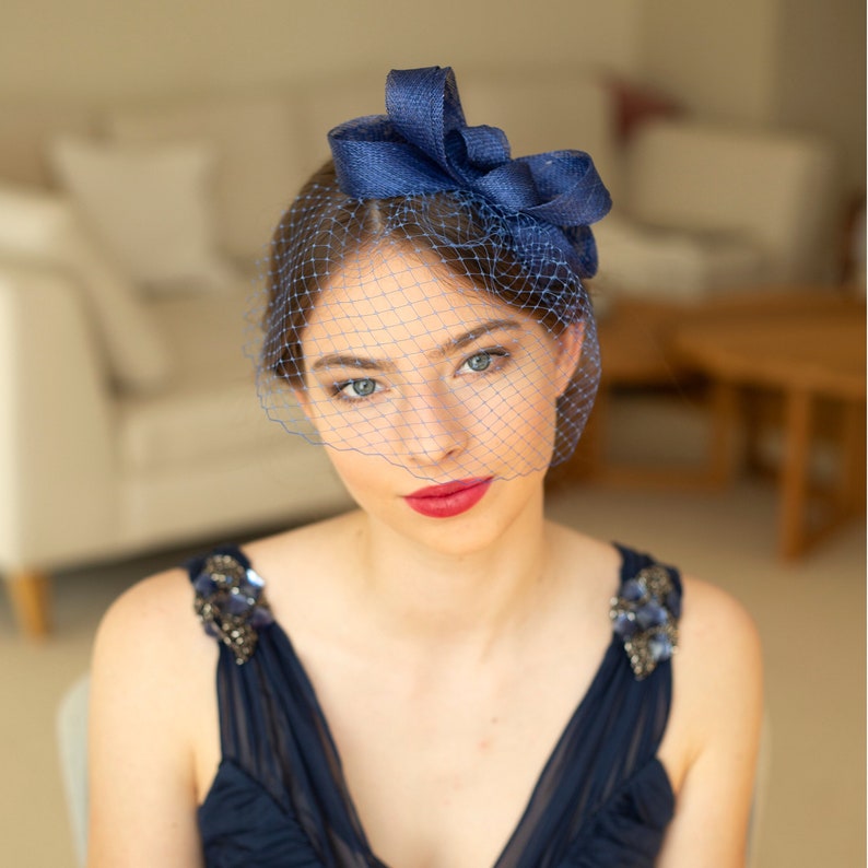 Royal blue fascinator with birdcage veil, blue wedding guest headpiece with veil in various colours image 1