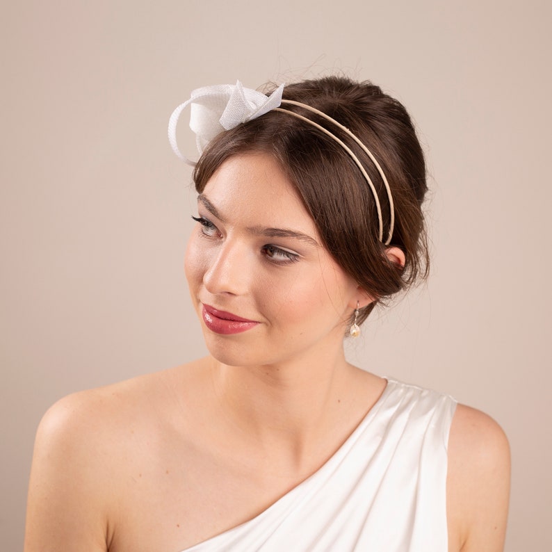 Bridal white fascinator on double headband, wedding guest headpiece, women fascinator, millinery sculptural fascinator image 2