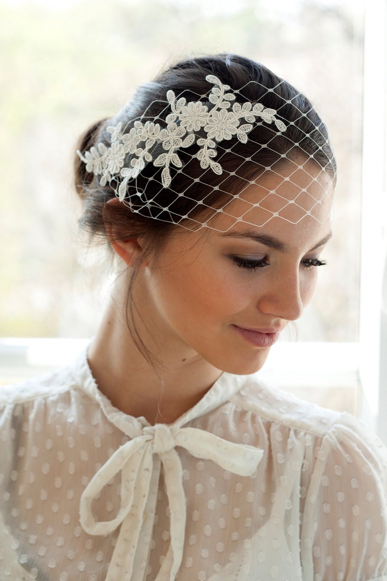 Bridal petite bandeau veil with floral lace, wedding veil image 2