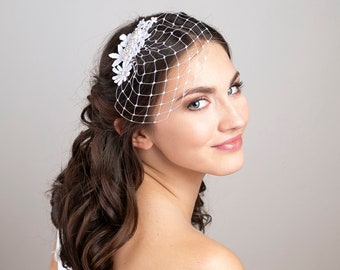 Floral lace birdcage veil with Swarovski pearls, Pearl birdcage veil, Feminine wedding birdcage, short veil