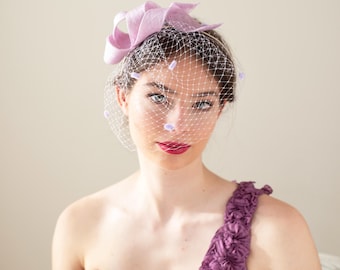 Lilac Fascinator for Weddings & Formal Events, Lilac Birdcage Veil Fascinator Headpiece, Elegant Wedding Guest Hairpiece