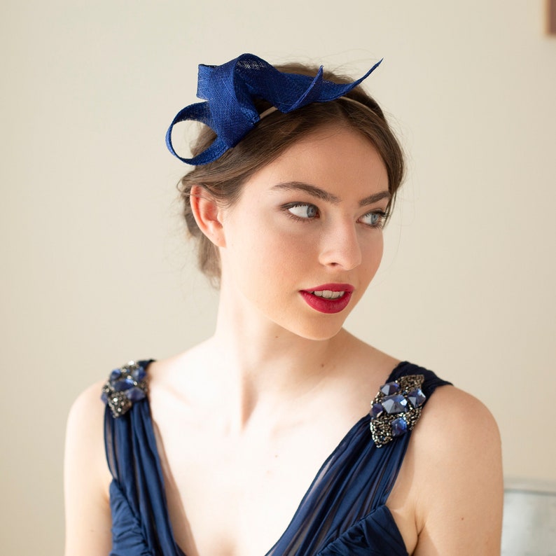 Wedding royal blue fascinator on double headband, wedding guest blue headpiece, women swirl fascinator, millinery sculptural fascinator image 2