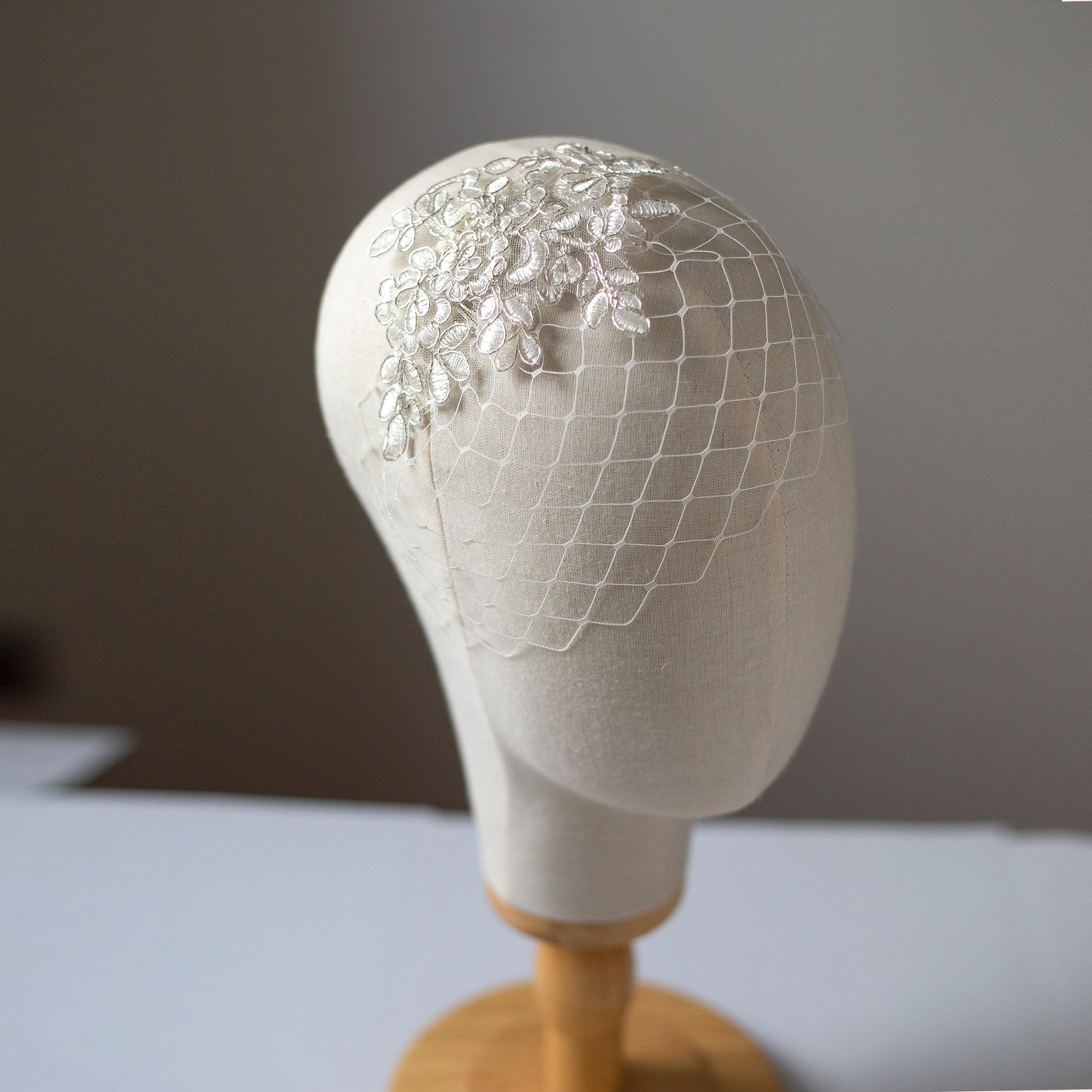 Ivory Silver Floral Lace Short Birdcage Veil – Romantic Lace Bridal Hairpiece with ivory silver embroidered flower lace