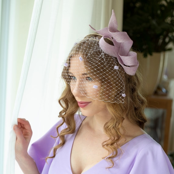 Lilac bridesmaid fascinator with veil on comfortable millinery headband, pale lavender wedding guest headpiece, women sculptural fascinator