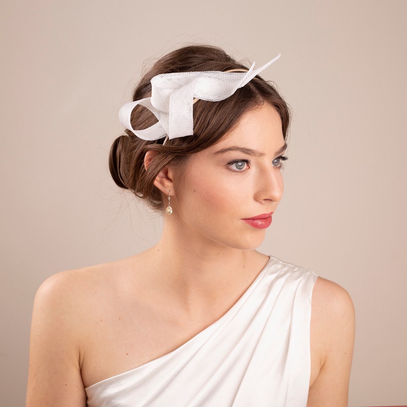 Bridal white fascinator on double headband, wedding guest headpiece, women fascinator, millinery sculptural fascinator image 1