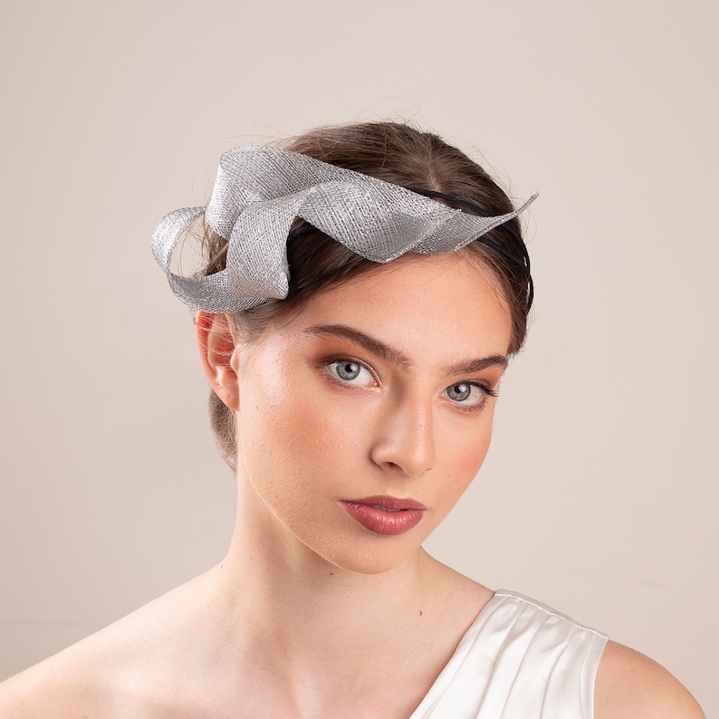 Bridal silver fascinator on double headband, wedding guest headpiece, women fascinator, millinery sculptural fascinator image 1