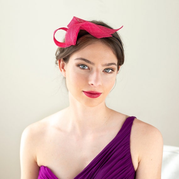 Cerise swirl fascinator on millinery double headband, wedding guest modern fascinator, pink headpiece