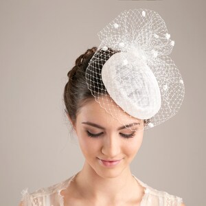 Veiled bridal hat in white, Elegant Chenille Dots Veiled Bridal Sinamay Hat, White Millinery Bridal Hat, White veiled hat for a bride image 1