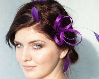 Purple fascinator  with feathers, sinamay loops on alligator clip, women feather fascinator in various colours