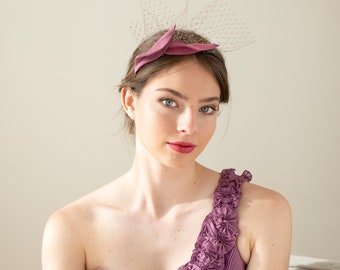 Wavy leaves fascinator in  antique rose with taupe netting, formal event rose headpiece with veiling