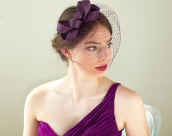 Burgundy fascinator with birdcage veil, wedding guest headpiece with veil in various colours