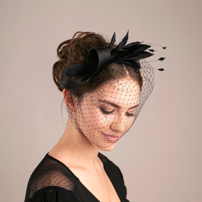 Modern feather fascinator with birdcage veil, black birdcage with feather fascinator, wedding guest headpiece in various colours image 1