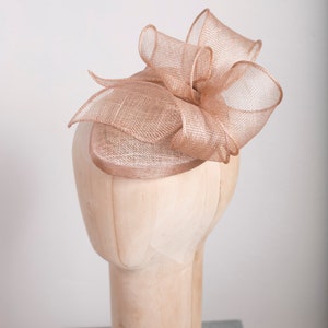 Millinery Sinamay Pillbox with Swirl Trimming, Almond Beige Cocktail Hat image 2