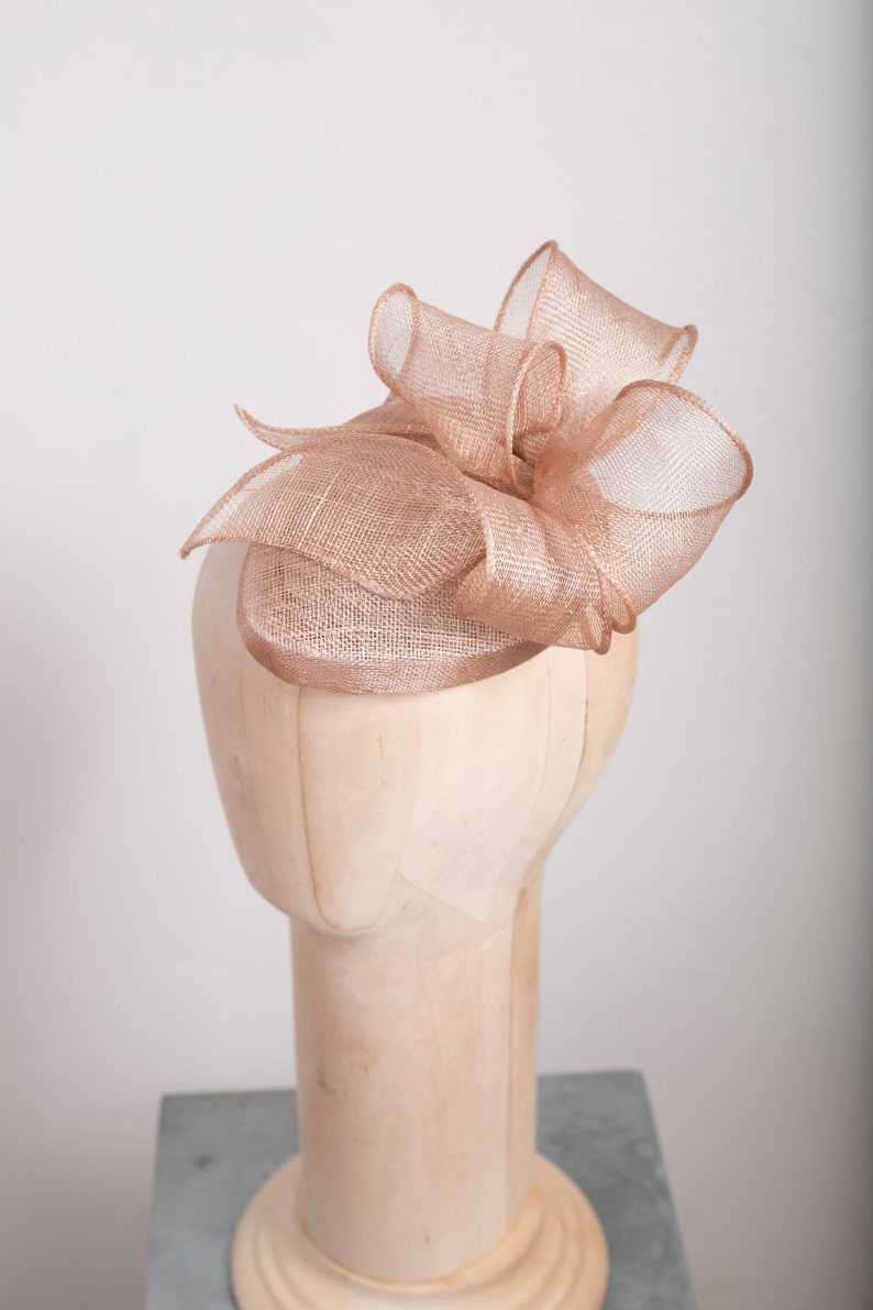 Millinery Sinamay Pillbox with Swirl Trimming, Almond Beige Cocktail Hat image 2