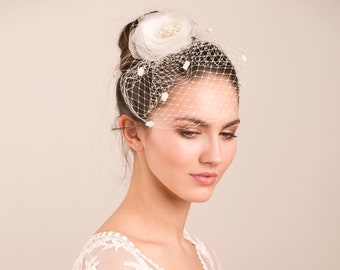 Bridal silk rose with pearl stamen, silk organza hair flower headpiece