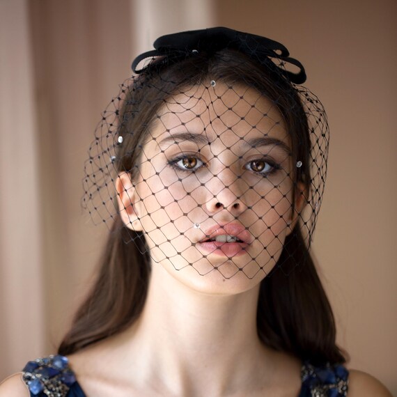 Black Birdcage Veil With Rhinestone Bow - Wedding Party Hair 