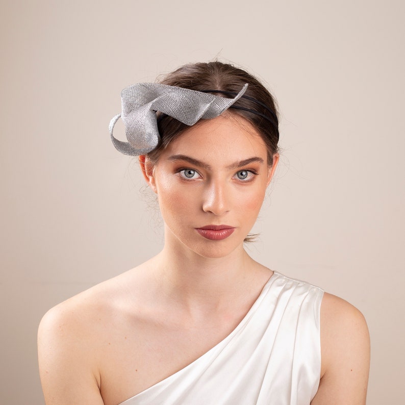 Bridal silver fascinator on double headband, wedding guest headpiece, women fascinator, millinery sculptural fascinator image 6