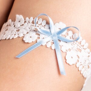 Something blue gift for bride, Floral lace garter with blue satin bow, bridal garter with comfortable cotton lace, wedding garter ivory image 2