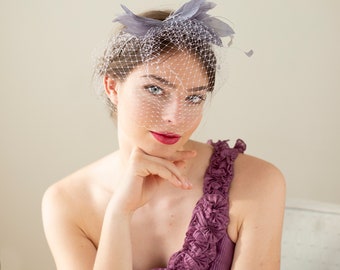 Modern wedding feather birdcage in lilac - grey colour, special occasion feather headpiece with birdcage veil