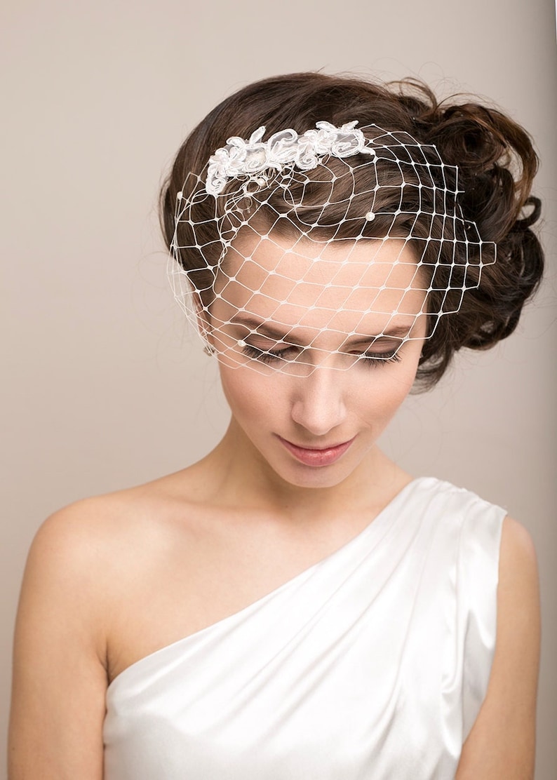 Petite birdcage veil with pearls and lace, wedding birdcage veil with embroidered lace, wedding birdcage floral lace veil image 1