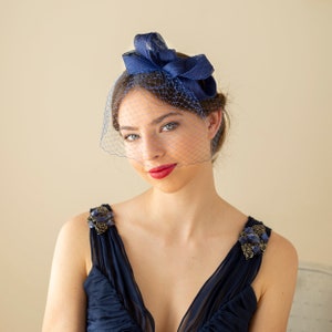 Royal blue fascinator with birdcage veil, blue wedding guest headpiece with veil in various colours image 2